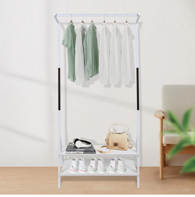 Metal Clothes Hanging Rack, Garment Rack with 2-Tier Storage Shelves for Entryway, Living Room, Bedroom, Closets (White)