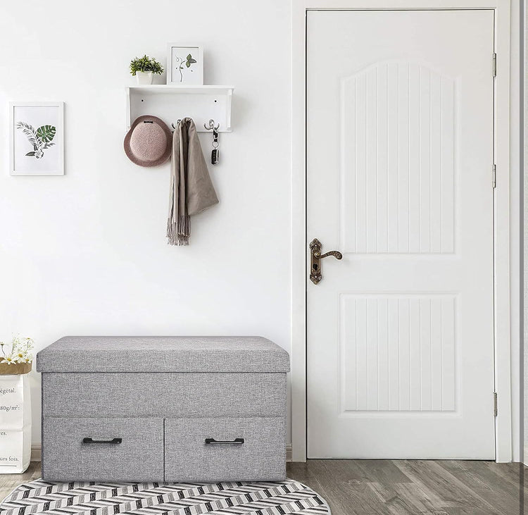 31 Inches Storage Ottoman with Two Drawer, Folding Ottomans with Storage, Poly Linen Storage Bench, Storage Chest Padded Seat Footrest (Grey, 30.7 x 15.7 x 15.7in)