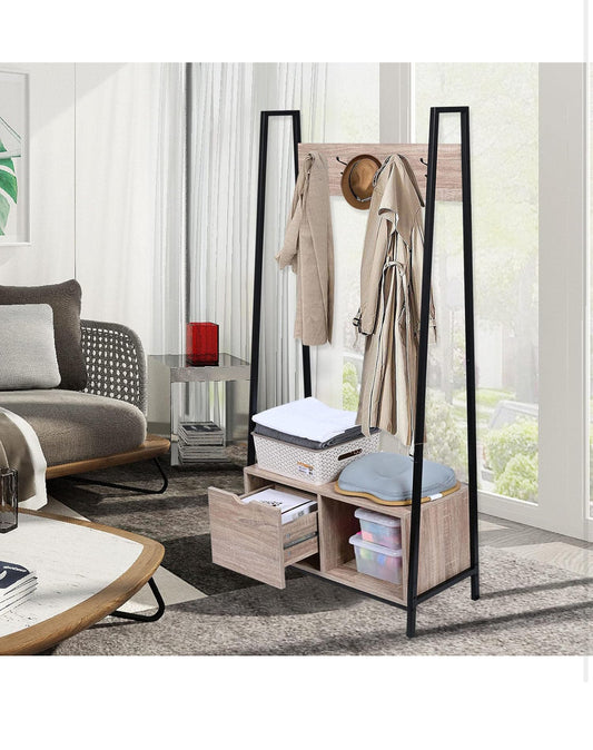 2-in-1 Metal Frame Standing Coat Rack, Industrial Hall Tree with Wooden Shoe Bench and Storage Drawer for Entryway, Hallway, Bedroom, Living Room (Load up to 265lb)