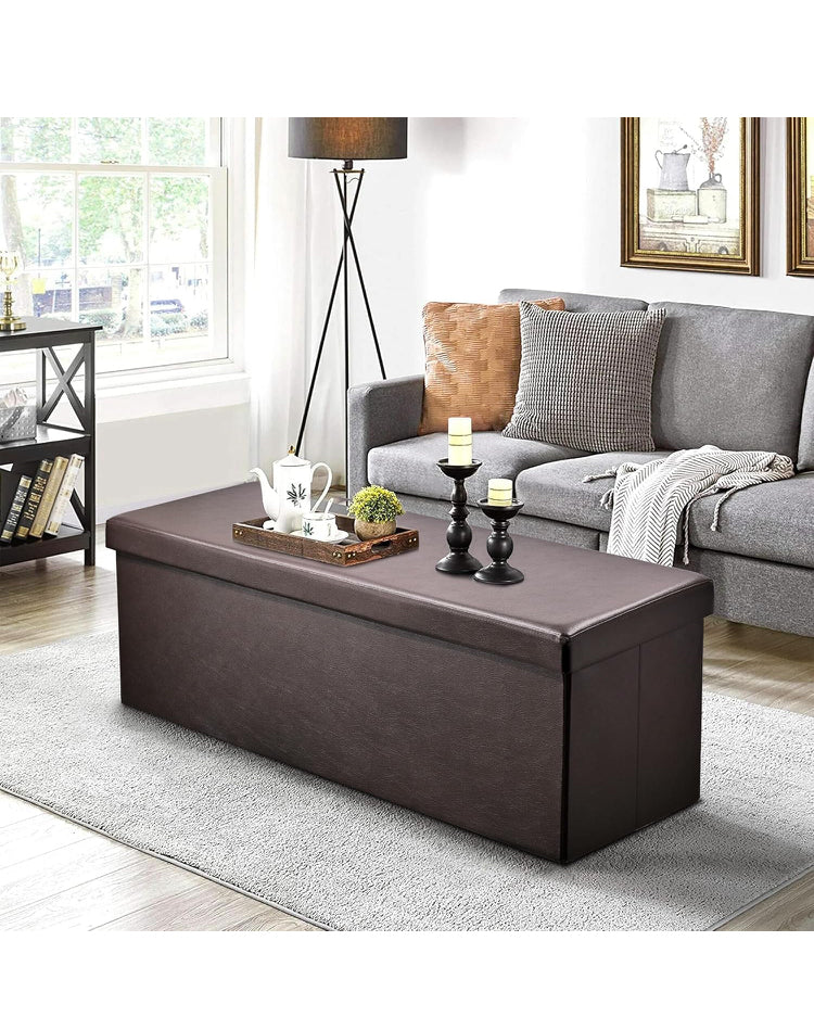 SortWise Foldable Storage Ottoman Bench - Faux Leather Multi-Functional Footrest with Padded Seat for Living Room Bedroom (45-inch, Brown)
