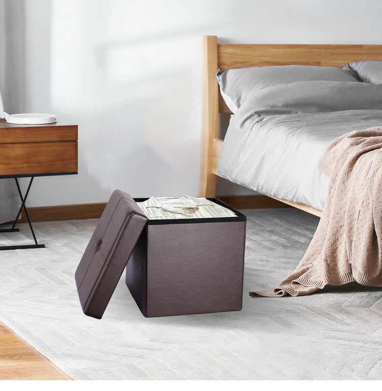 Foldable Storage Ottoman Foot Rest Stool- Faux Leather Footrest with Padded Seat for Living Room Bedroom (12.5-inch, Brown)