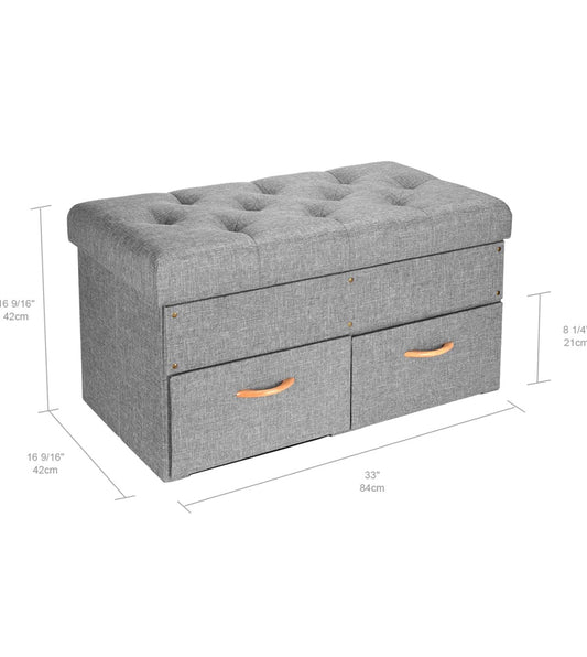 33-Inch Folding Storage Ottoman Bench with 2 Drawers - Multi-Functional Foot Rest, Hidden Storage Chest for Living Room (Grey, 33" L x16.5 W x16.5 H)