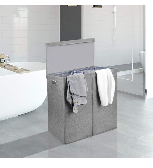 145L Double Laundry Hamper With Lid, Laundry Bin Foldable Laundry Basket Clothes Storage Sorter With Removable Liners Laundry Bags for Bedroom, Bathroom, Laundry room, Gray