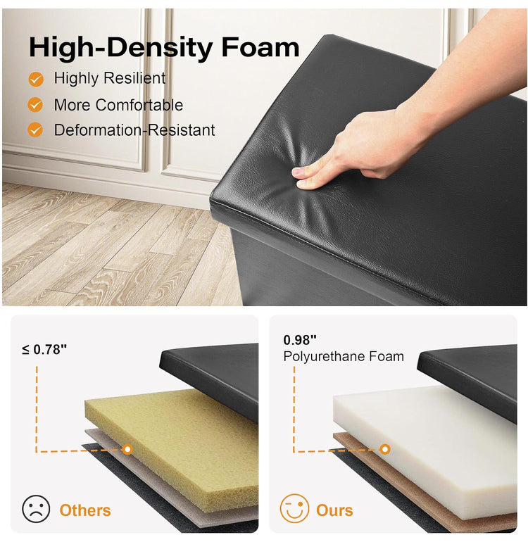 SortWise Foldable Storage Ottoman Bench - Faux Leather Multi-Functional Footrest with Padded Seat for Living Room Bedroom (45-inch, Black)