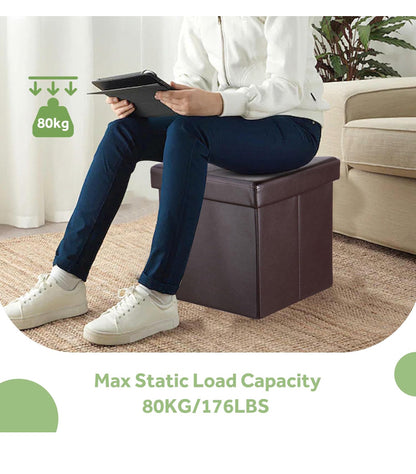 Foldable Storage Ottoman Foot Rest Stool- Faux Leather Footrest with Padded Seat for Living Room Bedroom (12.5-inch, Brown)