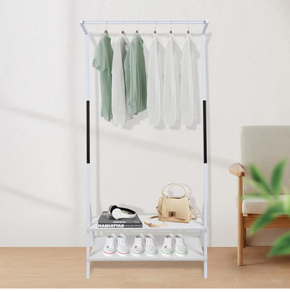 Metal Clothes Hanging Rack, Garment Rack with 2-Tier Storage Shelves for Entryway, Living Room, Bedroom, Closets (White)