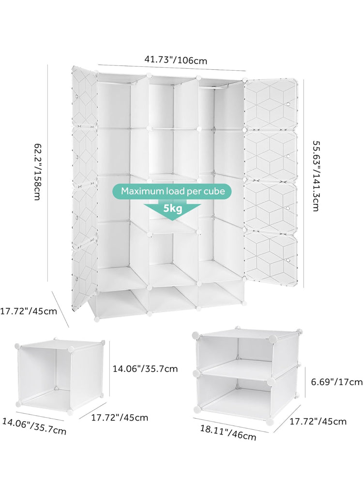 Portable Closet Organizer with Doors, Clothing Storage Cabinet with 2 Hanging Rods & 9 Cubes, PP Plastic Wardrobe for Bedroom, White