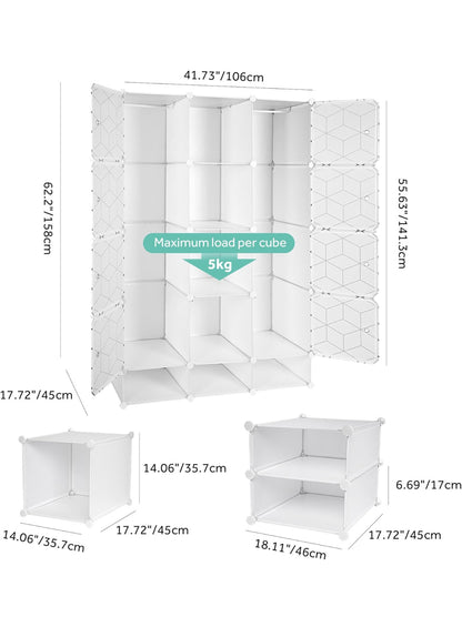 Portable Closet Organizer with Doors, Clothing Storage Cabinet with 2 Hanging Rods & 9 Cubes, PP Plastic Wardrobe for Bedroom, White