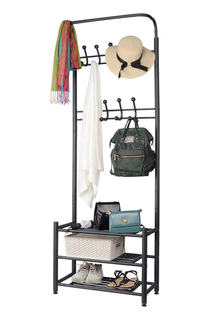SortWise Industrial Metal Coat Rack with Shoe Storage - 2-in-1 Entryway Organizer, 18 Hooks & W/Hanging