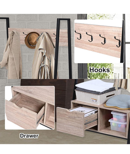 2-in-1 Metal Frame Standing Coat Rack, Industrial Hall Tree with Wooden Shoe Bench and Storage Drawer for Entryway, Hallway, Bedroom, Living Room (Load up to 265lb)