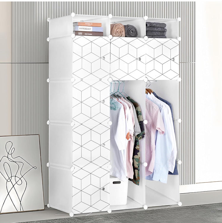 Portable Closet Organizer with Doors, Clothing Storage Cabinet with 2 Hanging Rods & 9 Cubes, PP Plastic Wardrobe for Bedroom, White