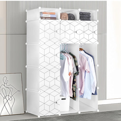 Portable Closet Organizer with Doors, Clothing Storage Cabinet with 2 Hanging Rods & 9 Cubes, PP Plastic Wardrobe for Bedroom, White