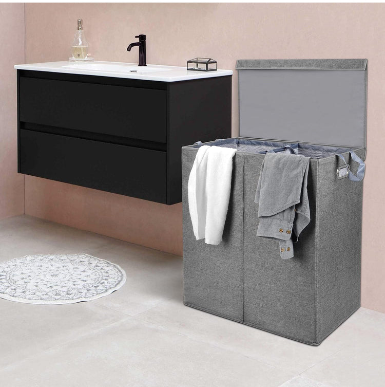 145L Double Laundry Hamper With Lid, Laundry Bin Foldable Laundry Basket Clothes Storage Sorter With Removable Liners Laundry Bags for Bedroom, Bathroom, Laundry room, Gray
