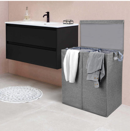 145L Double Laundry Hamper With Lid, Laundry Bin Foldable Laundry Basket Clothes Storage Sorter With Removable Liners Laundry Bags for Bedroom, Bathroom, Laundry room, Gray