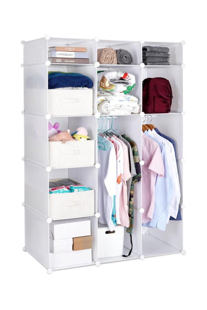 Portable Closet Organizer with Doors, Clothing Storage Cabinet with 2 Hanging Rods & 9 Cubes, PP Plastic Wardrobe for Bedroom, White