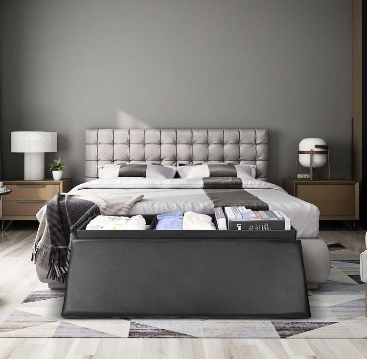 SortWise Foldable Storage Ottoman Bench - Faux Leather Multi-Functional Footrest with Padded Seat for Living Room Bedroom (45-inch, Black)