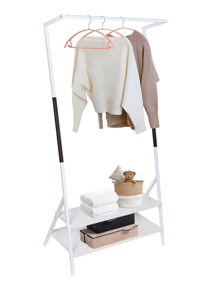 Metal Clothes Hanging Rack, Garment Rack with 2-Tier Storage Shelves for Entryway, Living Room, Bedroom, Closets (White)
