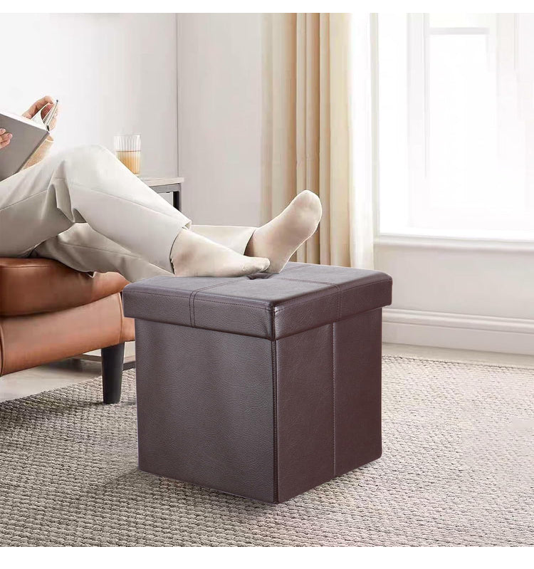 Foldable Storage Ottoman Foot Rest Stool- Faux Leather Footrest with Padded Seat for Living Room Bedroom (12.5-inch, Brown)