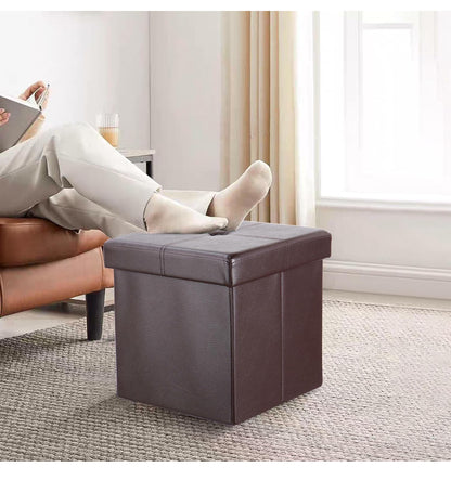 Foldable Storage Ottoman Foot Rest Stool- Faux Leather Footrest with Padded Seat for Living Room Bedroom (12.5-inch, Brown)