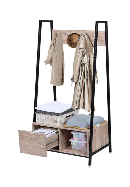 2-in-1 Metal Frame Standing Coat Rack, Industrial Hall Tree with Wooden Shoe Bench and Storage Drawer for Entryway, Hallway, Bedroom, Living Room (Load up to 265lb)