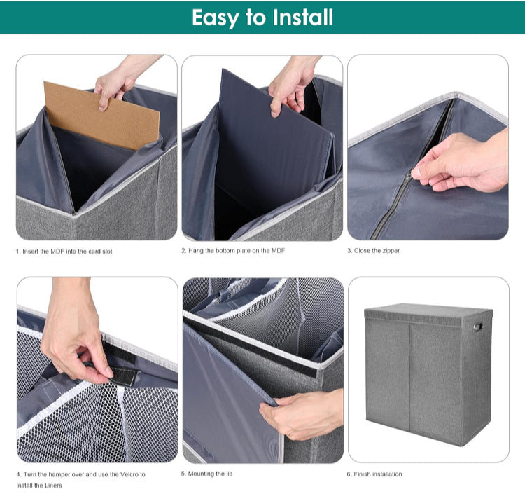 145L Double Laundry Hamper With Lid, Laundry Bin Foldable Laundry Basket Clothes Storage Sorter With Removable Liners Laundry Bags for Bedroom, Bathroom, Laundry room, Gray