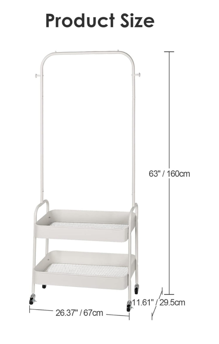 2-in-1 Rolling Garment Rack with Lockable Wheels, Portable Clothes Hanging Rack with 2-Tier Basket for Hanging Clothes & Storage, Sturdy Metal Frame for Bedroom, Closet, Living Room