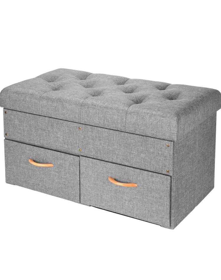 33-Inch Folding Storage Ottoman Bench with 2 Drawers - Multi-Functional Foot Rest, Hidden Storage Chest for Living Room (Grey, 33" L x16.5 W x16.5 H)