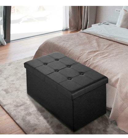 Foldable Storage Ottoman Bench - Faux Leather Footrest with Padded Seat for Living Room Bedroom (30-inch, Black)