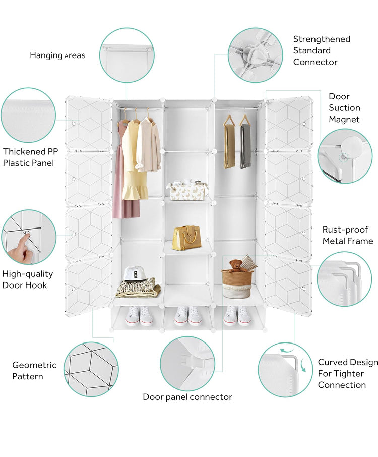 Portable Closet Organizer with Doors, Clothing Storage Cabinet with 2 Hanging Rods & 9 Cubes, PP Plastic Wardrobe for Bedroom, White