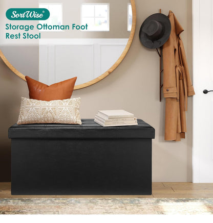 Foldable Storage Ottoman Bench - Faux Leather Footrest with Padded Seat for Living Room Bedroom (30-inch, Black)