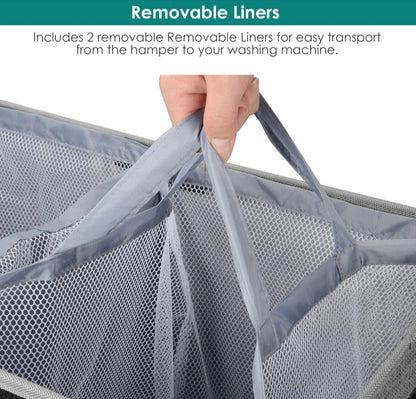 145L Double Laundry Hamper With Lid, Laundry Bin Foldable Laundry Basket Clothes Storage Sorter With Removable Liners Laundry Bags for Bedroom, Bathroom, Laundry room, Gray