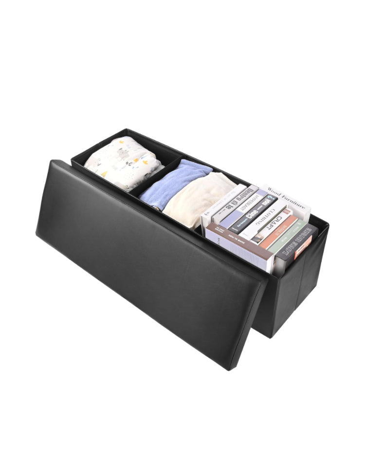 SortWise Foldable Storage Ottoman Bench - Faux Leather Multi-Functional Footrest with Padded Seat for Living Room Bedroom (45-inch, Black)