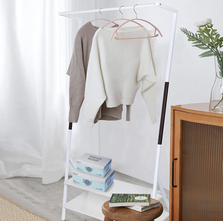 Metal Clothes Hanging Rack, Garment Rack with 2-Tier Storage Shelves for Entryway, Living Room, Bedroom, Closets (White)