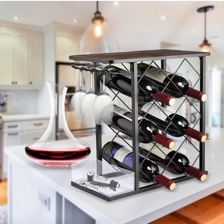 Redwine Rack Bottle Organizer, Hold 8 Bottles and 4 Glass Cup Rack Redwine Holder, Freestanding Wine Rack for Home, Kitchen, Bar, Wine Cellar, Cabinet