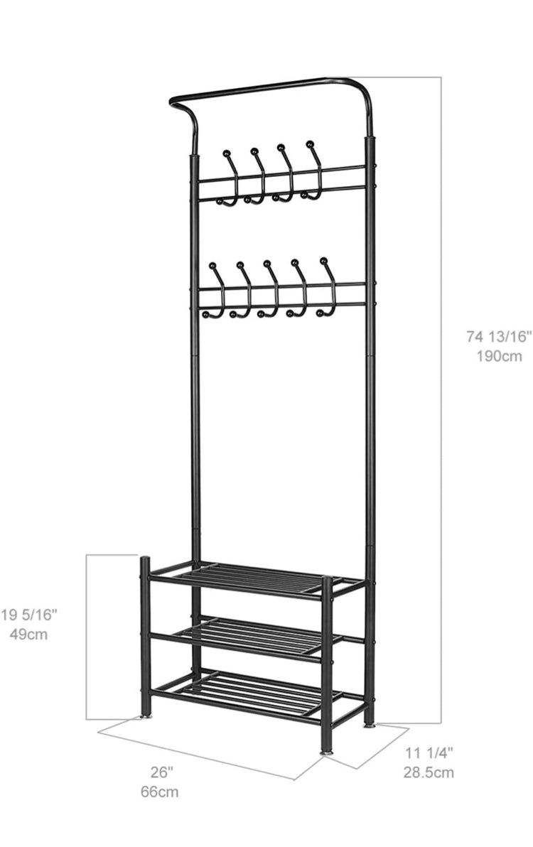 SortWise Industrial Metal Coat Rack with Shoe Storage - 2-in-1 Entryway Organizer, 18 Hooks & W/Hanging
