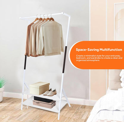 Metal Clothes Hanging Rack, Garment Rack with 2-Tier Storage Shelves for Entryway, Living Room, Bedroom, Closets (White)