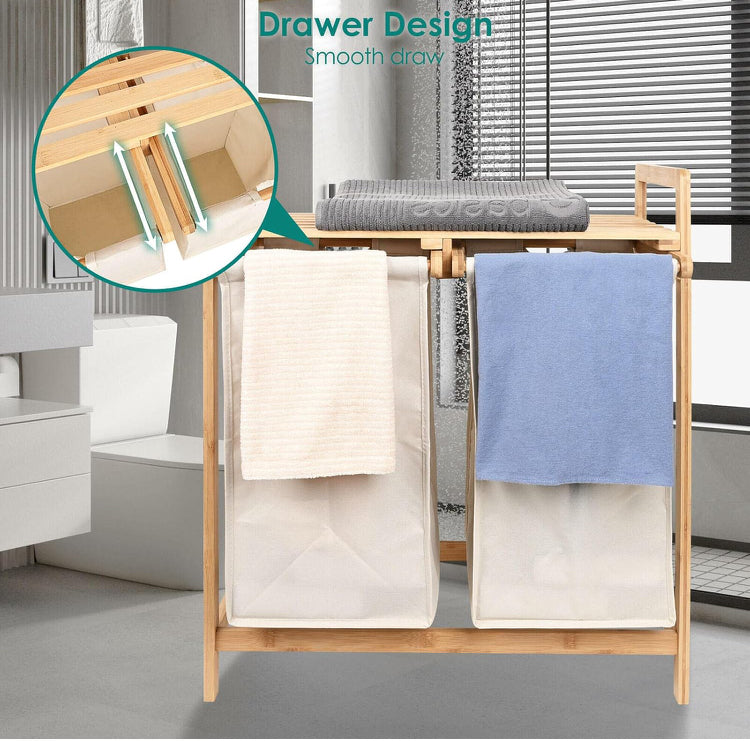 60L Laundry Hamper with Removable Compartment Bags & Storage Shelf, 2-Section Clothes Sorter Organizer for Bedroom, Bathroom, Closet