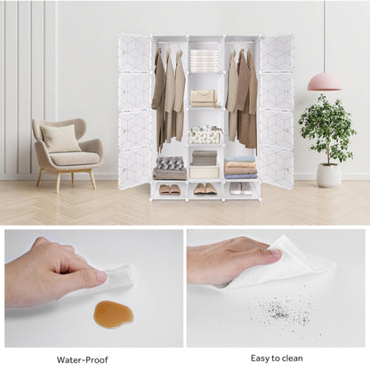 Portable Closet Organizer with Doors, Clothing Storage Cabinet with 2 Hanging Rods & 9 Cubes, PP Plastic Wardrobe for Bedroom, White