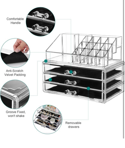 Makeup Organizer, 2 Pieces Set Acrylic Cosmetics Organizer, Detachable Makeup Storage Organizer Box