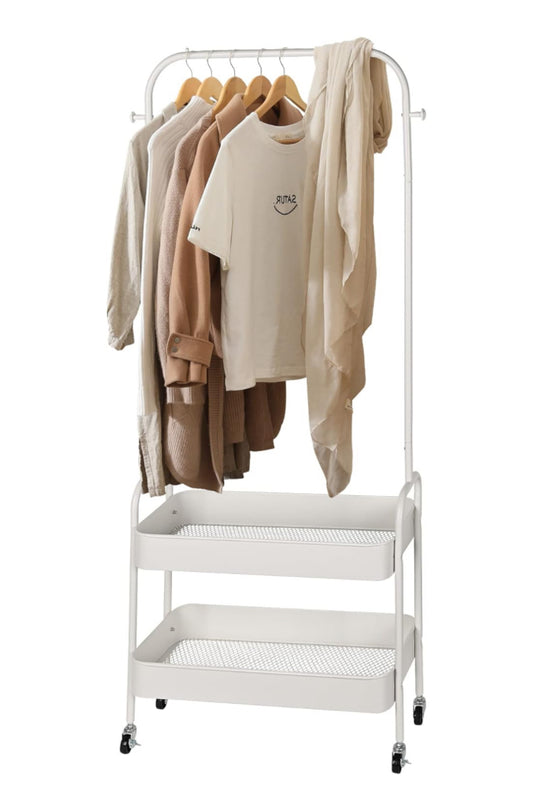 2-in-1 Rolling Garment Rack with Lockable Wheels, Portable Clothes Hanging Rack with 2-Tier Basket for Hanging Clothes & Storage, Sturdy Metal Frame for Bedroom, Closet, Living Room