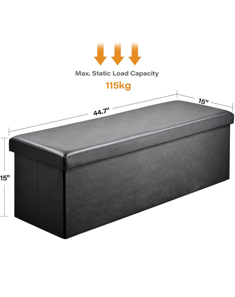 SortWise Foldable Storage Ottoman Bench - Faux Leather Multi-Functional Footrest with Padded Seat for Living Room Bedroom (45-inch, Black)