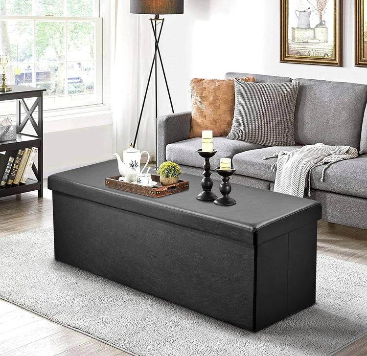 SortWise Foldable Storage Ottoman Bench - Faux Leather Multi-Functional Footrest with Padded Seat for Living Room Bedroom (45-inch, Black)