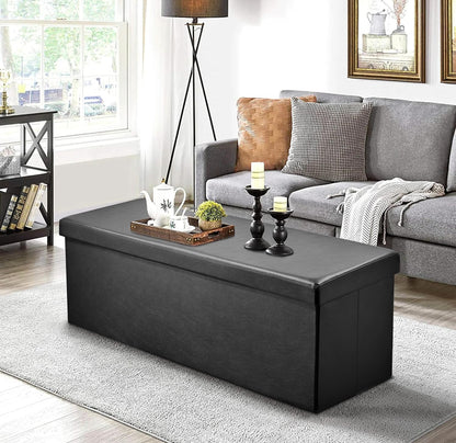 SortWise Foldable Storage Ottoman Bench - Faux Leather Multi-Functional Footrest with Padded Seat for Living Room Bedroom (45-inch, Black)