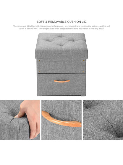 17 Inches Folding Storage Ottoman with One Drawer, Storage Chest Foot Rest Stool (Grey, 17"x16.5"x16.5")