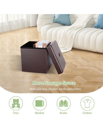 Foldable Storage Ottoman Foot Rest Stool- Faux Leather Footrest with Padded Seat for Living Room Bedroom (12.5-inch, Brown)