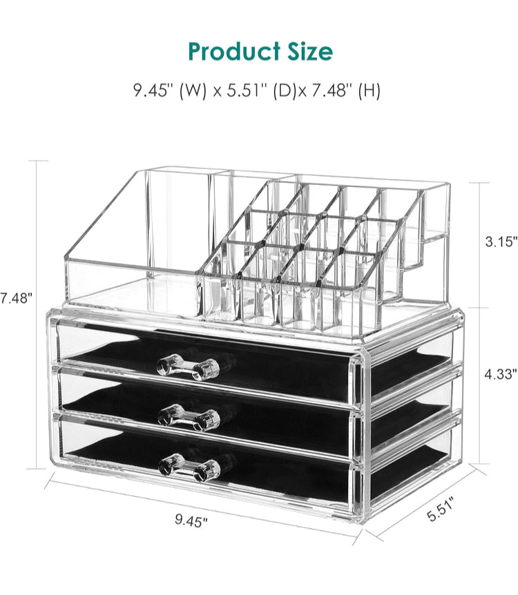 Makeup Organizer, 2 Pieces Set Acrylic Cosmetics Organizer, Detachable Makeup Storage Organizer Box