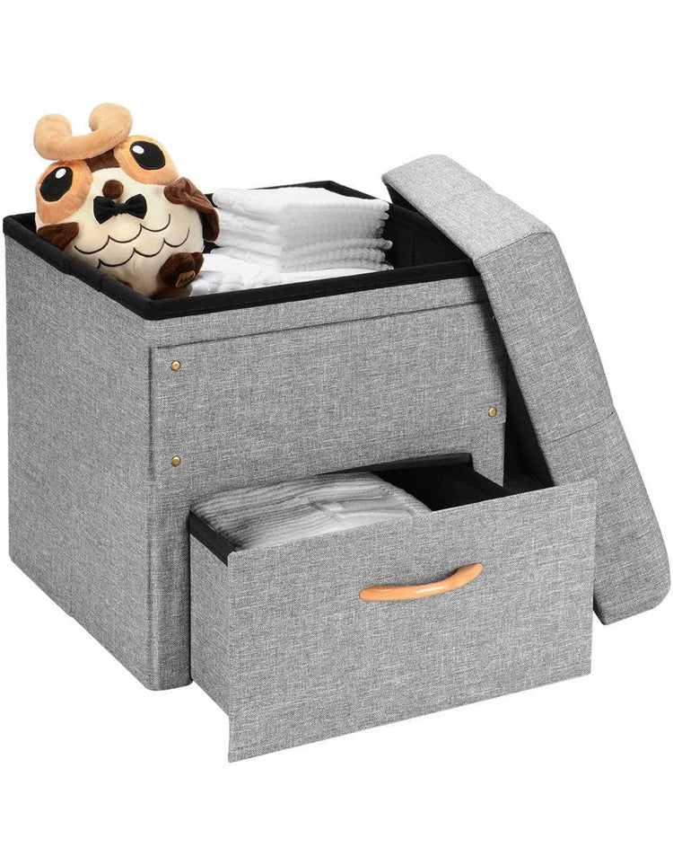 17 Inches Folding Storage Ottoman with One Drawer, Storage Chest Foot Rest Stool (Grey, 17"x16.5"x16.5")