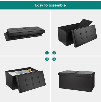 Foldable Storage Ottoman Bench - Faux Leather Footrest with Padded Seat for Living Room Bedroom (30-inch, Black)