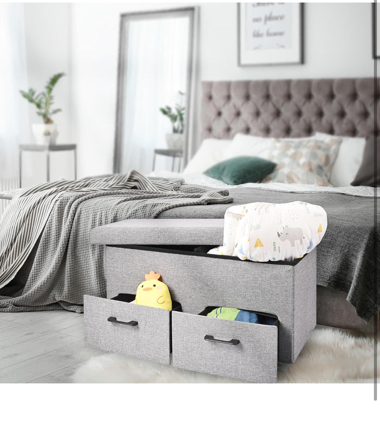 31 Inches Storage Ottoman with Two Drawer, Folding Ottomans with Storage, Poly Linen Storage Bench, Storage Chest Padded Seat Footrest (Grey, 30.7 x 15.7 x 15.7in)
