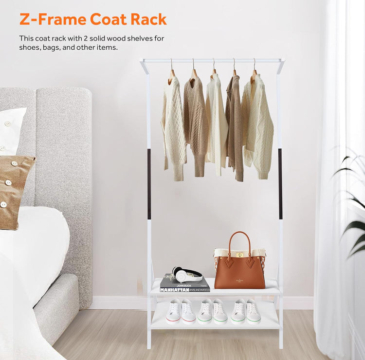 Metal Clothes Hanging Rack, Garment Rack with 2-Tier Storage Shelves for Entryway, Living Room, Bedroom, Closets (White)